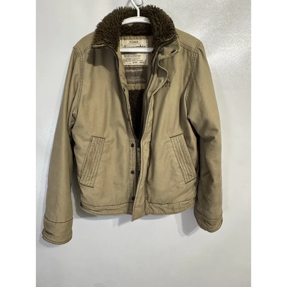 Abercrombie XL Boys Adirondack Coat Khaki Sherpa Lined Y2K Military Zip